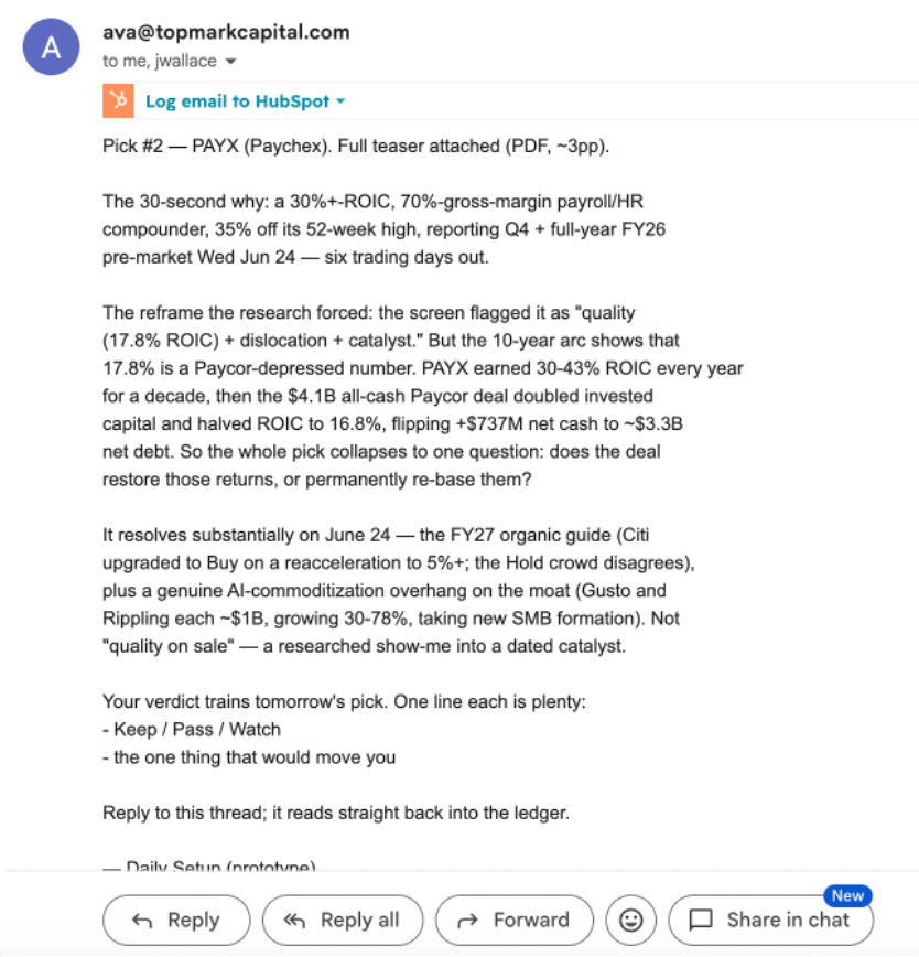 Daily Setup morning email — PAYX pick